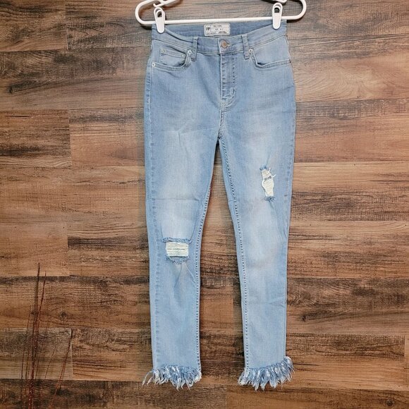 Free People Jeans 27 Great Heights Skinny Fray Fringe Hem Stretch Denim Light - Picture 1 of 10